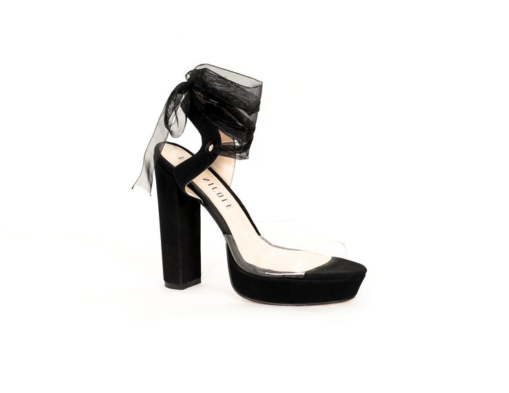 River Island velvet bow detail platform heels in black | ASOS